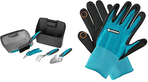 Gardena City Gardening Balkon-Box: Kunststoffbox mit integrierter Kehrschaufel und 4-teiligem Garten-Set (8970-20) & Pflanz- und Bodenhandschuh 7/S, Mobile Touch für Smartphonenutzung (11510-20)