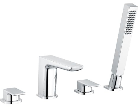 Designer Chrome Bath Filler Hot/Cold Taps with Shower Handset 4 Tap Hole Mixer
