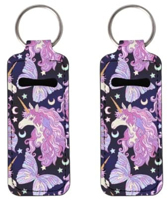 ENLACHIC Chapstick-Halter mit Einhorn-Aufdruck, Schlüsselanhänger, Lippenbalsam-Halter, Chapstick-Hülle, Lippenstift-Halter für Damen und Mädchen, 2 Stück, Einhorn-Schmetterling, 2 Stücke