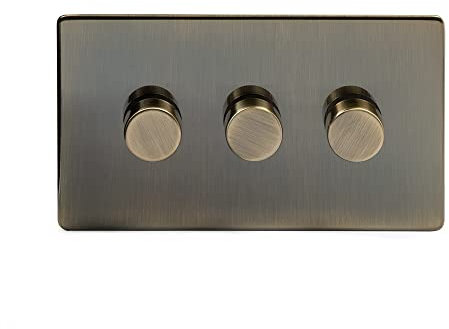 Soho Lighting Antique Brass 3 Gang 2 Way Trailing Edge Dimmer Switch Screwless 100W LED (150w Halogen/Incandescent)