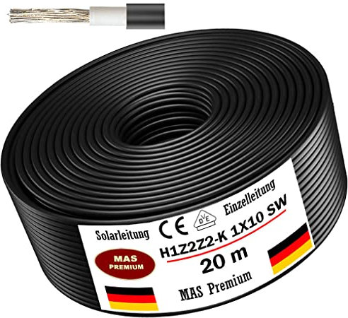 MAS Premium Câble solaire H1Z2Z2-K 4, 6 ou 10 mm² - Câble solaire de 5 à 100 m - Noir, rouge ou bleu - Câble unique photovoltaïque - Sans halogène - Double isolation (H1Z2Z2-K 10, noir, 20 m)