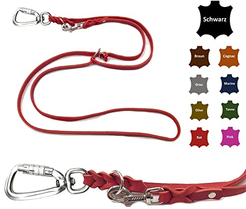Hundeleine Fettleder mit Sicherheitshaken + Edelstahlringe/Hundeleine große Hunde/Hundeleine Leder bis 100Kg (Rot, 3,50m)