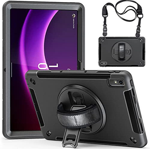 LOXO CASE Funda para Lenovo Tab P11 2nd Gen 11.5 Pulgadas (TB-350), Rugosa Antigolpes Carcasa con Soporte Giratorio de 360 Grados, Correa de Mano/Hombro,Black