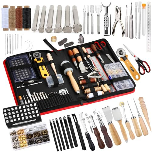 SUVSOON Leather Working Kit, Professional Leather Crafting Tools and Supplies Leather Tooling Kit with Storage Bag Punching Stamping Carving Rivet and Snap Leather Working Tools for DIY Craft