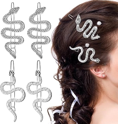 cobee 4 Stück Schlangen Haarnadeln, Legierung Vintage Haarspangen minimalistische Kristall glitzernde Strass Haarnadel Clips Set Haarschmuck Accessoires für Frauen und Mädchen Kopfschmuck(Silber)