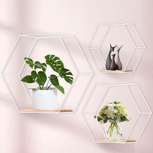 Hexagon Wandregal Weiß Metall 3er Set, Regal Wand Deko Hängeregal Loft Wandregale, Wand Regal Weiss für Wanddeko in Wohnzimmer, Schlafzimmer, Bad, Café und Hotel
