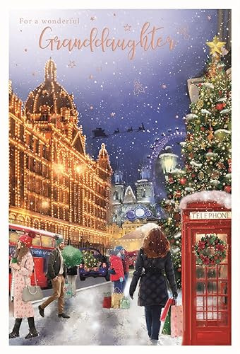 ICG Weihnachtskarte für Enkelin, Motiv: Snowy London Christmas Shopping mit geprägtem Folien-Flitter-Finish