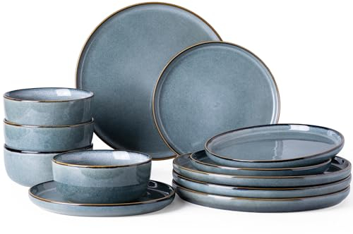GBHOME Juego de vajilla de cerámica para 4, juegos de platos y cuencos de gres de 12 piezas, platos resistentes a astillas y arañazos, aptos para lavavajillas y microondas, azul espacial