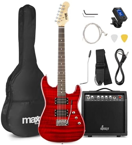 Max GigKit Pack de guitarra electrica Quilted para principiantes con amplificador de guitarra de 40W, afinador digital, correa, funda y juego de cuerdas de repuesto - Color rojo oscuro