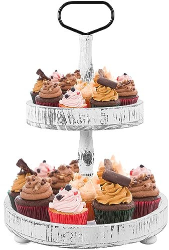 Rustic 2 Tier Wooden Serving Tray Stand with Metal Handle - Detachable Tiered Tray for Coffee Bar Decor & Cupcake Display (White)