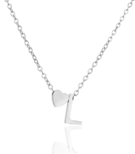 HSWYFCJY Halskette Damen Silber Herz Kette mit Buchstabe L 316L Edelstahl Initialen Anhänger Verstellbar Namenskette 45+5cm Personalisierte Schmuck Geschenke für Frauen Mädchen