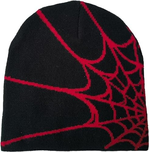Spider Web Hat Beanie Y2k, Mode Spide-Man Beanie Spider Mütze,Warme Y2k Mütze Y2k Beanie Strickmütze,Hip Hop Y2k Beanie Spider Beanie für Herren Damen (Acryl, Schwarz Rot)