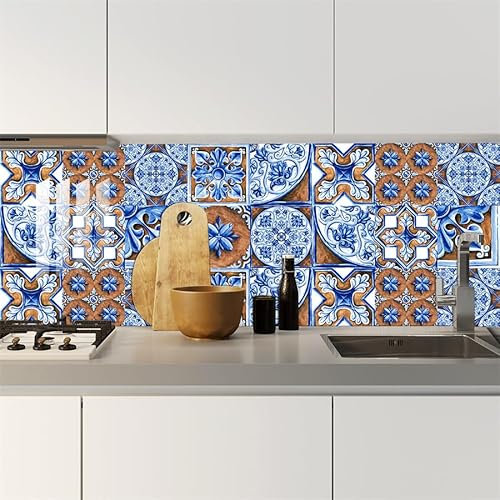 FliesenaufkleberBraun Blau Vintage Mosaikfliesen PVC Klebefliesen Wasserdicht Fliesenaufkleber Bad Küchenrückwand Selbstklebend Ölfest Tile Sticker Wandfliesen Fliesen Folie Abziehbar 15x15cm/10 Pcs