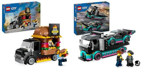 LEGO City La Voiture de Course et Le Camion de Transport de Voitures, Jeu de Construction & City Le Food-Truck de Burgers, Jouet de Camionnette, Cadeau pour Garçons et Filles de 5 Ans