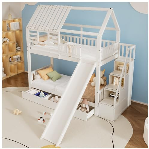 Racxily Letto a casetta con vano portaoggetti e cassetto,con scale e scivolo, struttura in legno di pino e MDF, letto per bambini, 90x200cm