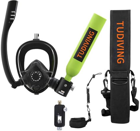 TUDIVING-0,5 l tragbares Tauchflaschenset, Mini-Sauerstoffflasche mit Vollgesichts-Schnorchelmaske, Reise-LANG-Tanks für Tauchrettung/Bootsreinigung(S200Plus Green-A2)