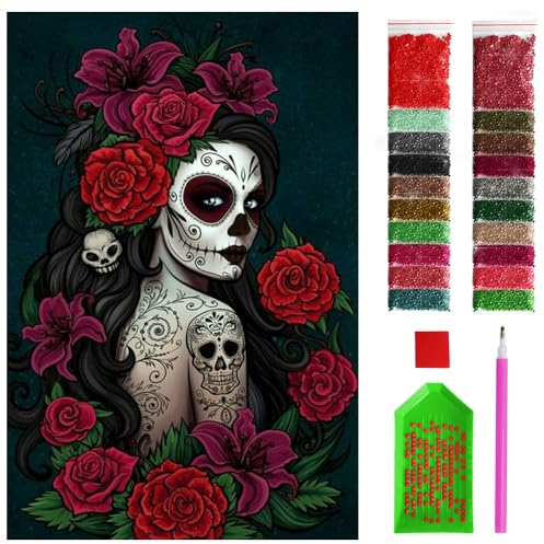 ARTULIO Diamond Painting Set - Dämonische Frau in roten Blumen - 40x60 cm - Groß XXL - 5D Diamant Painting Bilder DIY, Diamond Painting Erwachsene