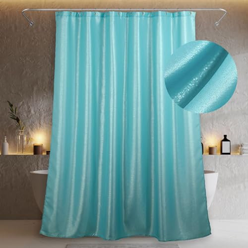 Aqua Blue Glitter Shower Curtain: Turquoise Teal Sparkle Bling Shiny Metallic Curtain for Bathroom - Anti Mould Water Repellent Washable Polyester Shower Curtain for Wet Room - 183 x 200cm Drop