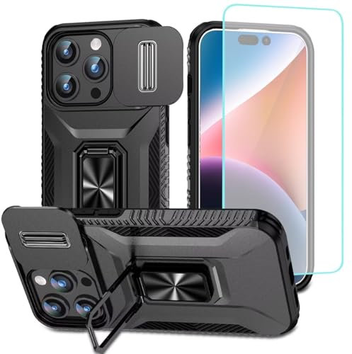 Wanyuexes Case for iPhone 15 Pro Max Case, Apple 15 Pro Max Case with Tempered Glass Screen Protector and Slide Camera Cover, Rotated Ring Car Mount Holder Shockproof Cover for iPhone 15 Pro Max Black