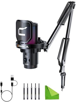 comica Microfono USB per computer e smartphone, microfono da gioco a condensatore cardioide RGB 48kHz/24bit per podcasting, streaming, con supporto per braccio-nero (Uni A)