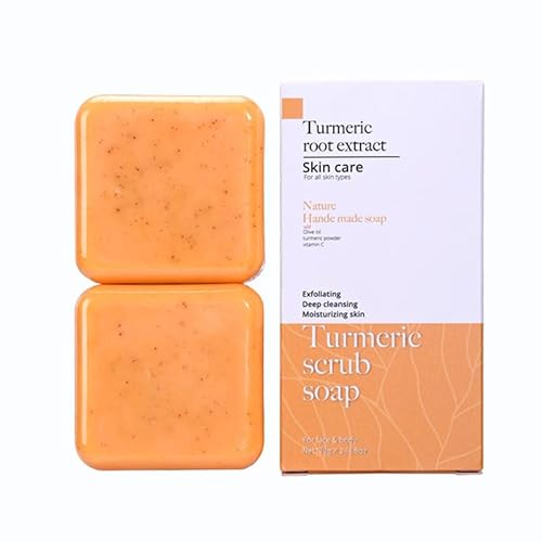 Shefave Turmeric Scrub Soap, 2PCS Kurkuma Seife für Gesicht & Körper, Vitamin C Scrub Soap Pore Peeling, Akne bekämpfen, Haut weich werden, Hyperpigmentierung, Natürliche handgemachte Seife