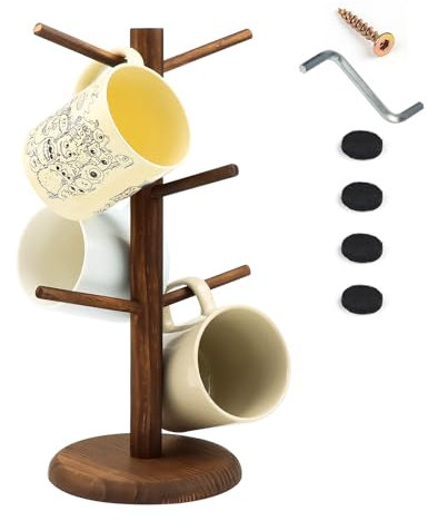 ROYUEXT Kaffeetassenhalter, Tassenhalterbaum mit 6 Asthaken, Tassenständer Tassenhalter stehend für Arbeitsplatte Organisator braun