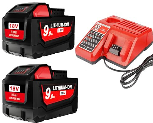 Lot de 2 batteries de rechange 18 V 9000 mAh pour Milwaukee + chargeur 4 A compatibles avec Milwaukee M18 M18B 48-11-1840 48-11-1828 48-11-1820 48-11-1815 48-11-1850