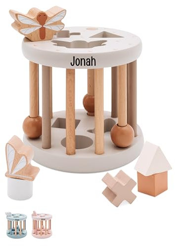 Bärenfreunde® - Personalisierter Formen-Sortier-Rad aus Holz - Montessori Würfel - Baby Motorikspielzeug ab 1 Jahr - Baby Spielzeug 1 Jahr (Nougat, ohne Name)