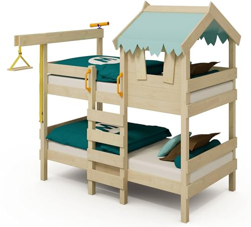 Wickey Kinderbett Crazy Huggy - Etagenbett, Spielbett für Kinder aus Massivholz mit Planendach - 90 x 200 cm - pastellblaue Plane