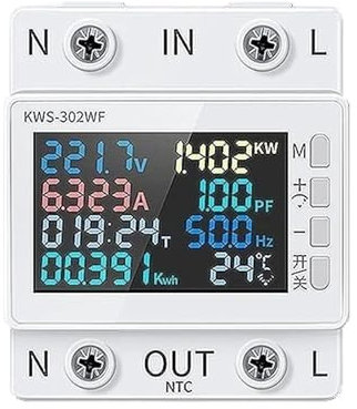 IONQXIDLD KWS-302WF, KWS-302L, KWS-302 Compteur de Puissance 8 en 1 Compteur d'énergie AC Écran Couleur numérique 2P 170-270V/63A ampèremètre de Tension Relais disjoncteur(GE302WF)