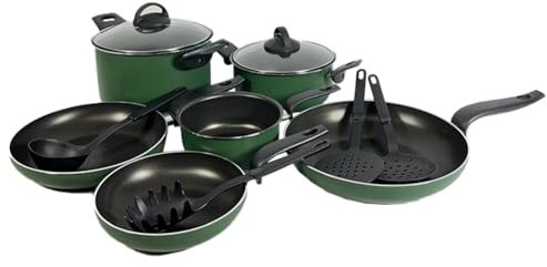 Relax World Batteria di Pentole da Cucina Made in Italy 12 Pezzi, Verde, Antiaderenti con Coperchi in Vetro, Include Padelle e Utensili da Cucina