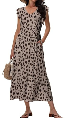 Tanmolo Maxikleid Damen Sommerkleid Lang Strandkleid Mit V-Ausschnitt Im Swing-Stil Mit Blumenmuster Mit Taschen (Braun Leoparden XL)