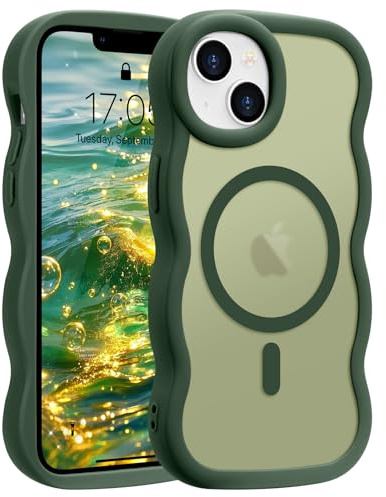 Pepmune Magnetic for iPhone 14/13 Case Translucent Matte Dark Green | Compatible with Magsafe,Cute Curly Wave Frame Case,Soft TPU Bumper Slim Fit Shockproof Protective Cover for Men-Dark Green
