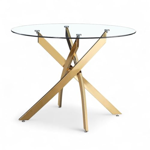 Unicorn Furniture Arezzo 100cm Round Glass Dining Table Set with 4 Faux Leather Chairs Gold Chrome Table Legs & Silver Chair Legs – Modern Kitchen & Dining Room Furniture for Small Spaces (Table Only)