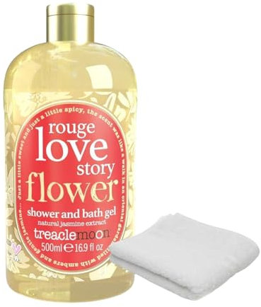 Treacle Moon Rouge Love Story Shower and Bath Gel 500ml with Soft White Bath Washcloth - Luxurious Floral Scented Body Wash Gift Set