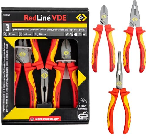 C.K Redline 2025 Edition VDE Lot de 3 pinces et coupe-câbles, pince combinée allemande isolée électrique, pince coupante et coupe-fil combiné, coupe-fil pour électricien, cisaille d'électricien CK