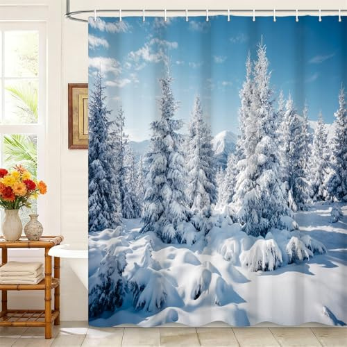 Kzzfqxb Tende da doccia 180x200cm con ganci in plastica, Natale cielo azzurro rurale terra innevata e pini, Impermeabile tessuto in poliestere per vasca, Decorazione invernale per bagno