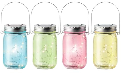 Solar Gartenleuchte 8x14cm 4 Stück sortiert - Solarglas Einmachglas für Außen Garten Balkon - LED Solarleuchte Hängeleuchte Außenleuchte Solarlampen als Gartendeko Balkondeko - Warmweiß