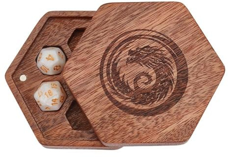 BENECREAT Magnetische Aufbewahrungsboxen Für Würfel Aus Walnussholz Mit Drachengravur Hexagon Gaming Würfelbox Für Polyeder RPG Und Tabletop Gaming Kokosnuss