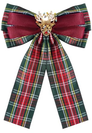 Grande broche pré-nouée avec nœud en forme de cerf pour femme et fille - Unisexe - Tissu écossais - Nœud de Noël - Strass - Élégante broche de Noël - Accessoire de robe - Cadeau de bijoux, Large