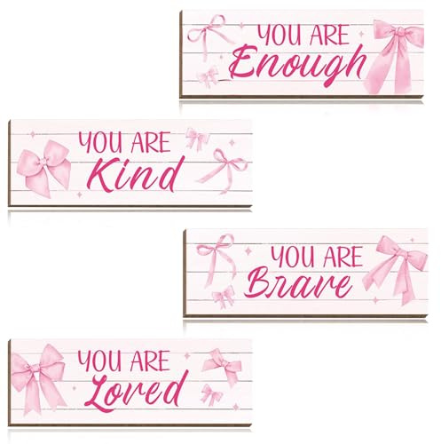 Axvxby Girls Bedroom Accessories 4pcs Pink Bow Room Decor Inspirational Wall Art Bedroom Accessories for Teen Girls Pink Wall Decor for Bathroom Living Room
