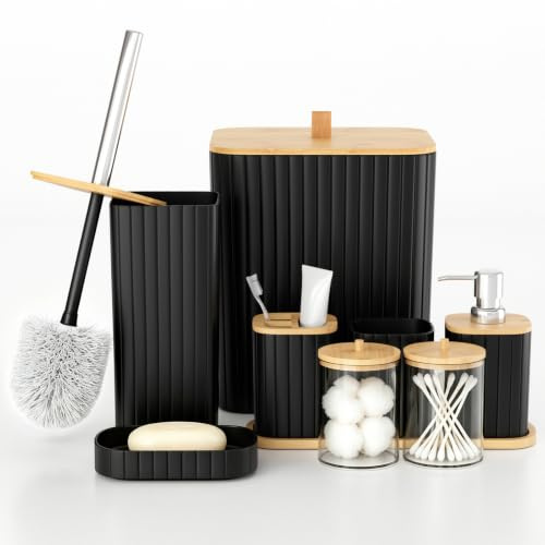 Capslpad Badezimmer Set 9 Teiliges Modern Badgarnitur Badezimmer Zubehör Set: Baumwolltupferglas Mülleimer Lotionsseifenspender Toilettenbürsten und Halter Seifenschale Zahnputzbecher(Schwarz)