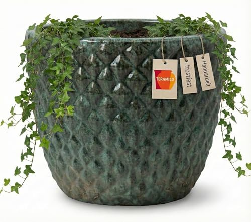 Teramico Vaso per piante in pietra di alta qualità, resistente al gelo, in ceramica smaltata, con struttura a bolle 3D, durevole, resistente all'inverno, per giardino e terrazza (verde muschio, 48 cm)
