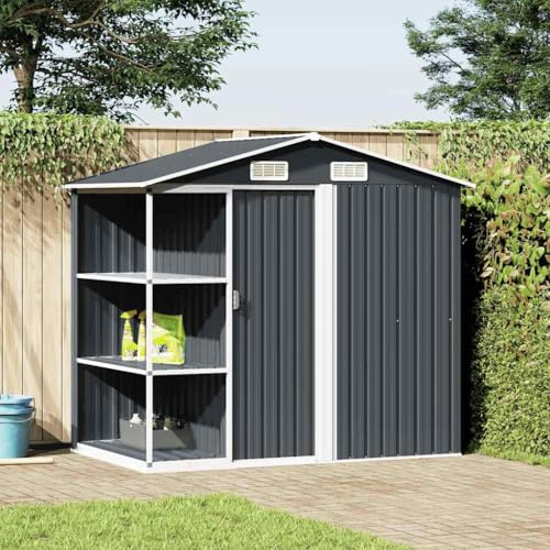 Mokuyary Caseta de jardín con estante, antracita, 205 x 130 x 183 cm, hierro con techo inclinado, cobertizo con puerta corredera, cobertizo para exteriores