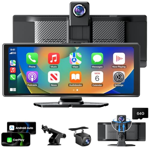10.26 Wireless CarPlay Touchscreen 360° Rotation 4K Dash Cam Car Play Screen Carplay & Android Auto Portable Car Stereo 1080p Backup Camera GPS Navigation Bluetooth Mirror Link Voice Control/Siri