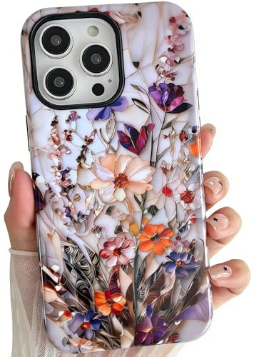TQLGY for iPhone 14 Pro Case, Cute Floral Aesthetics Vintage Phone Case Shockproof Slim Soft TPU and Hard PC Protective Cover for Women Girls, Marble Presseds Blossoms