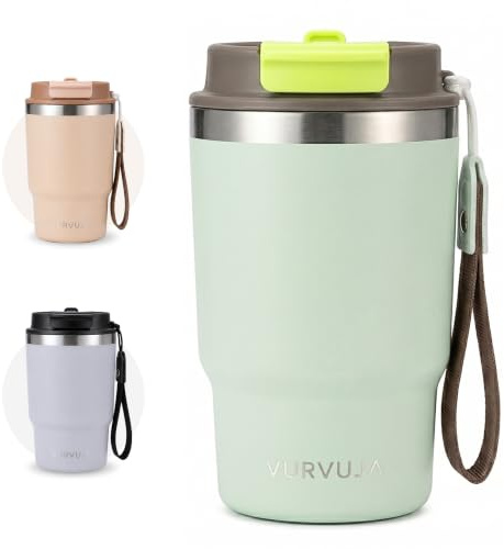 Vaso Termico 470ml de Acero Inoxidable 3en1 con Pajita y Tapa Antifugas | Taza termica con correa Integrada, reutilizable y sin BPA. Termo cafe para llevar con doble pared para frío y calor. (Mint)
