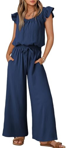 QUNERY Jumpsuit Donna Estiva Elegante Tuta con Scollo Quadrato Salopette Comoda Outfit Casual con Coulisse e Tasche
