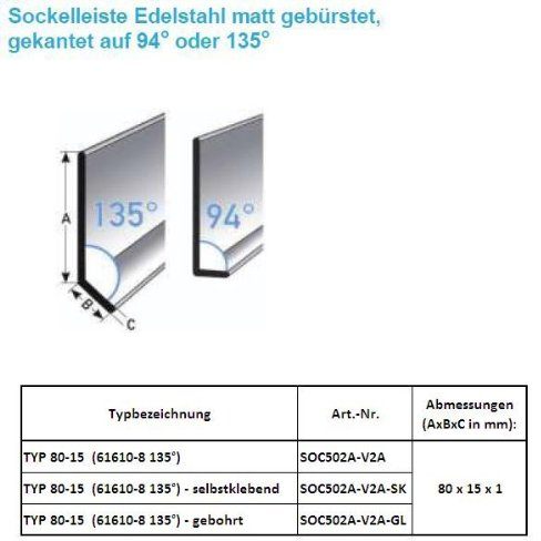 75 Meter Fußleisten / Sockelleisten TYP 80-15 (Edelstahl gebürstet und foliert / 61610-8 135° SK) - selbstklebend