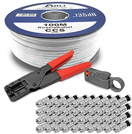 ARLI HD Sat Kabel 100 m Koaxialkabel 135 dB Koaxial 5-fach geschirmt inkl. Kompressionszange Kabelmesser 100 x F Kompressionsstecker Satkabel TV Antennenkabel Koax 4K